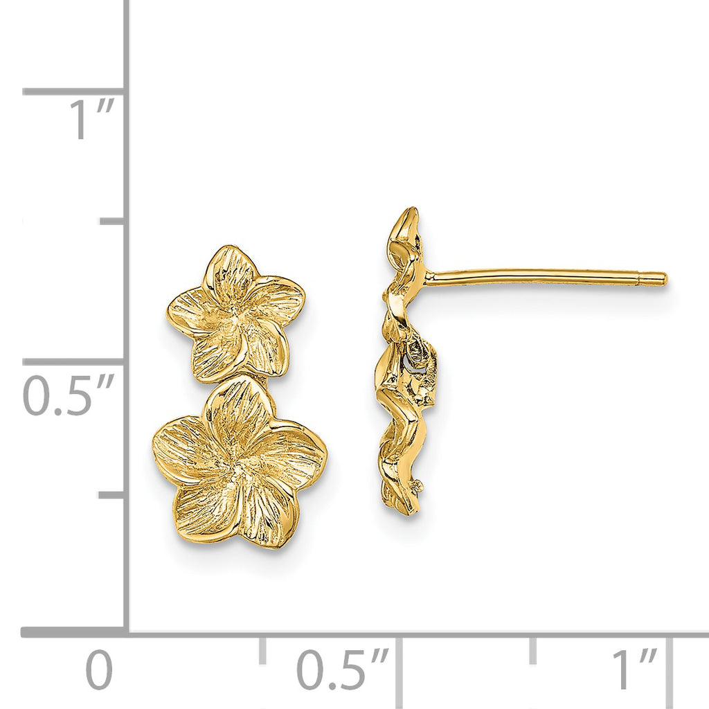 14K Double Plumeria Flower Post Dangle Earrings