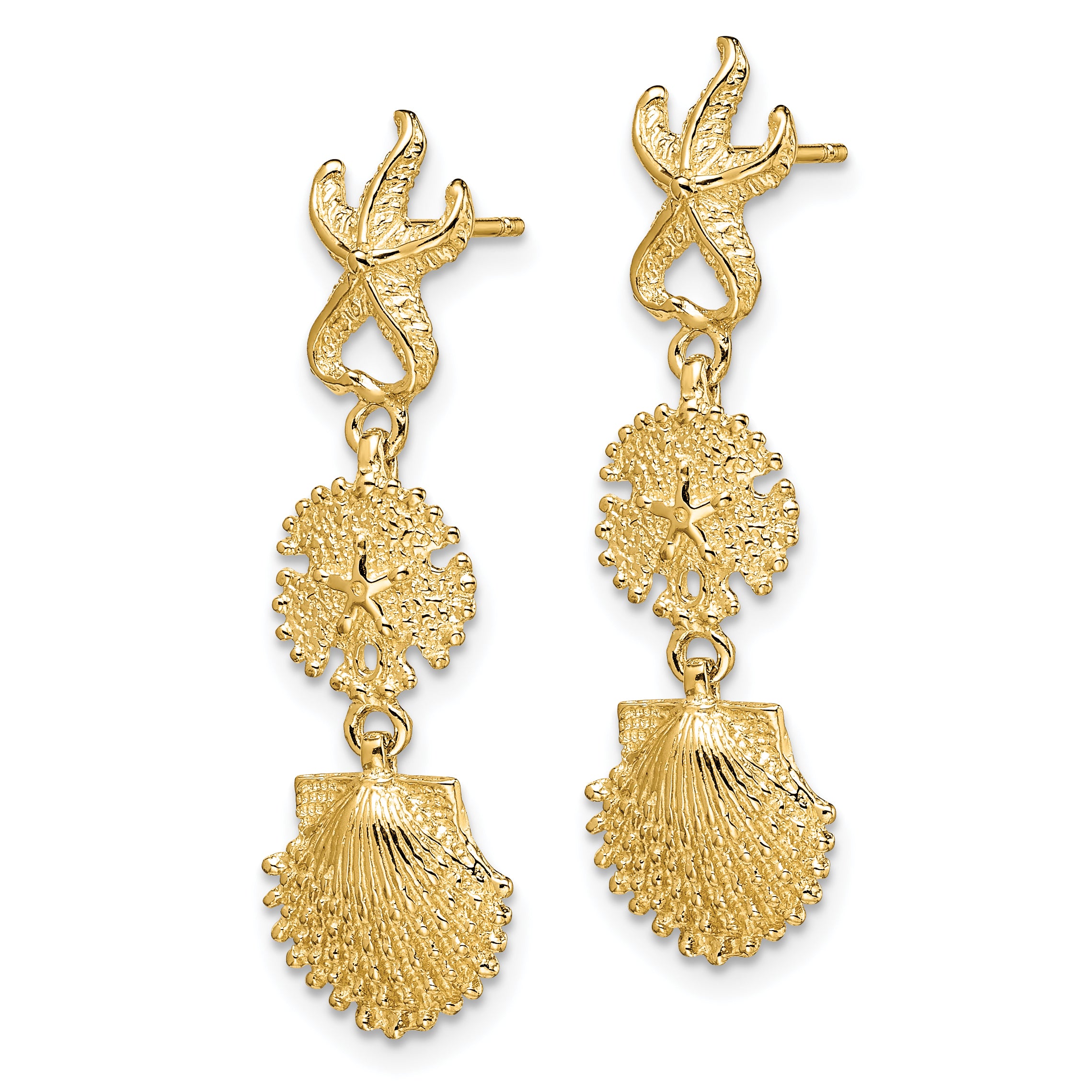 14K Starfish, Sand Dollar ,Scallop Shell Dangle Earrings
