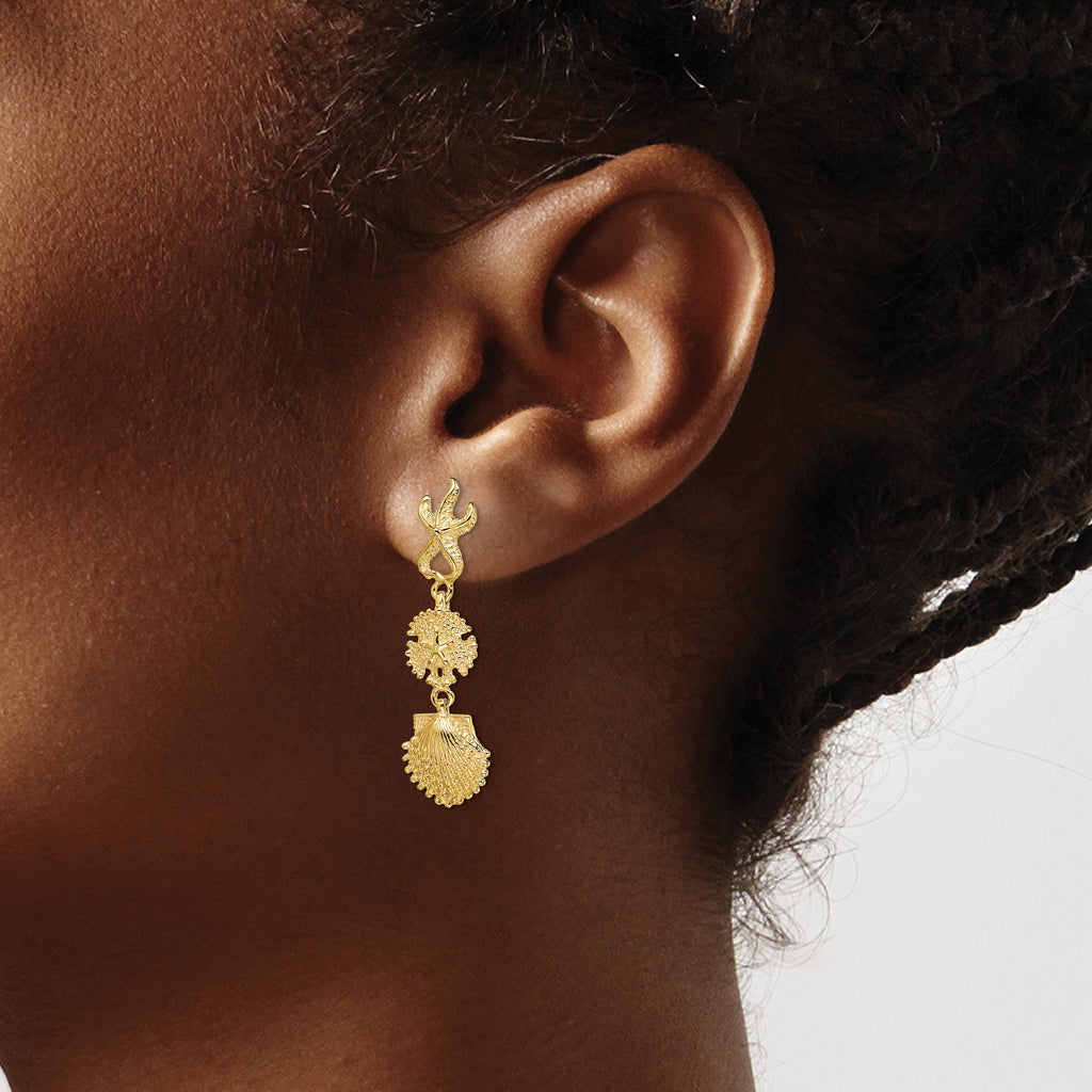 14K Starfish, Sand Dollar ,Scallop Shell Dangle Earrings