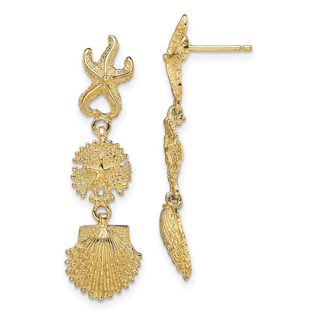 14K Starfish, Sand Dollar ,Scallop Shell Dangle Earrings