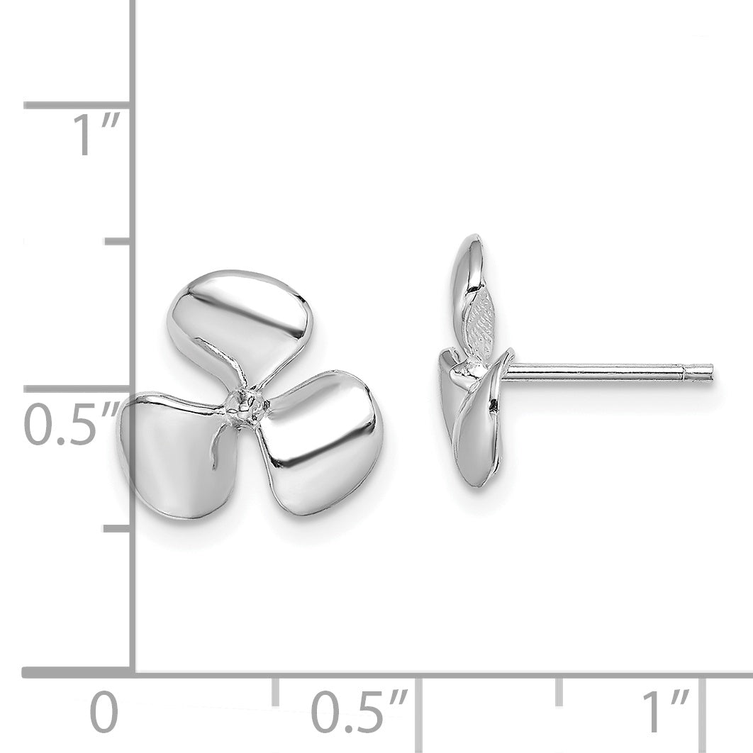 14K White Gold Polished Three Blade Propeller w/ Center Bead Post Earrings