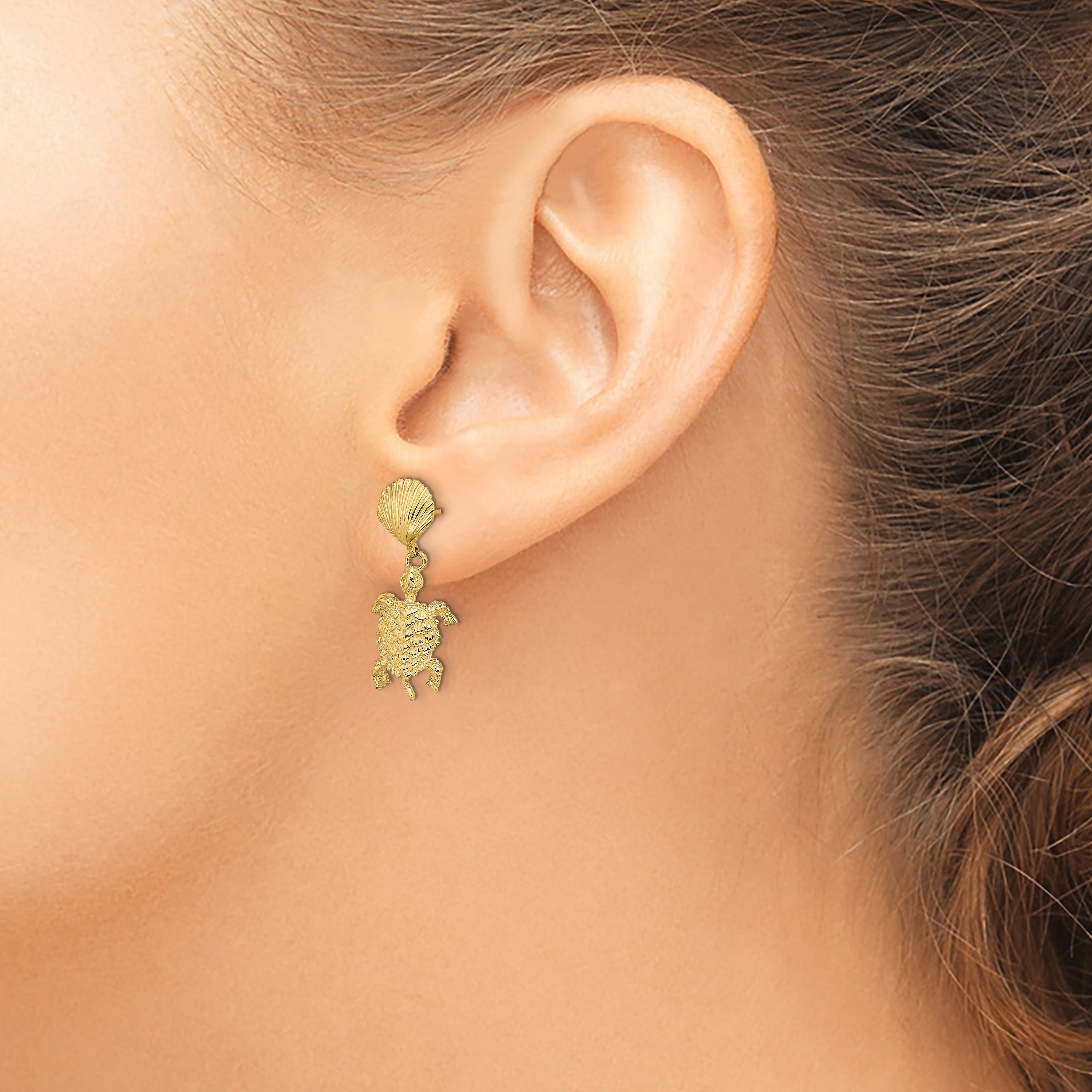 14K Shell and Sea Turtle Dangle Earrings