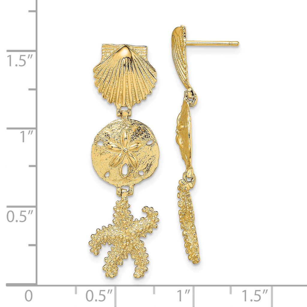 14K Shell, Sand Dollar ,Starfish Post Dangle Earrings