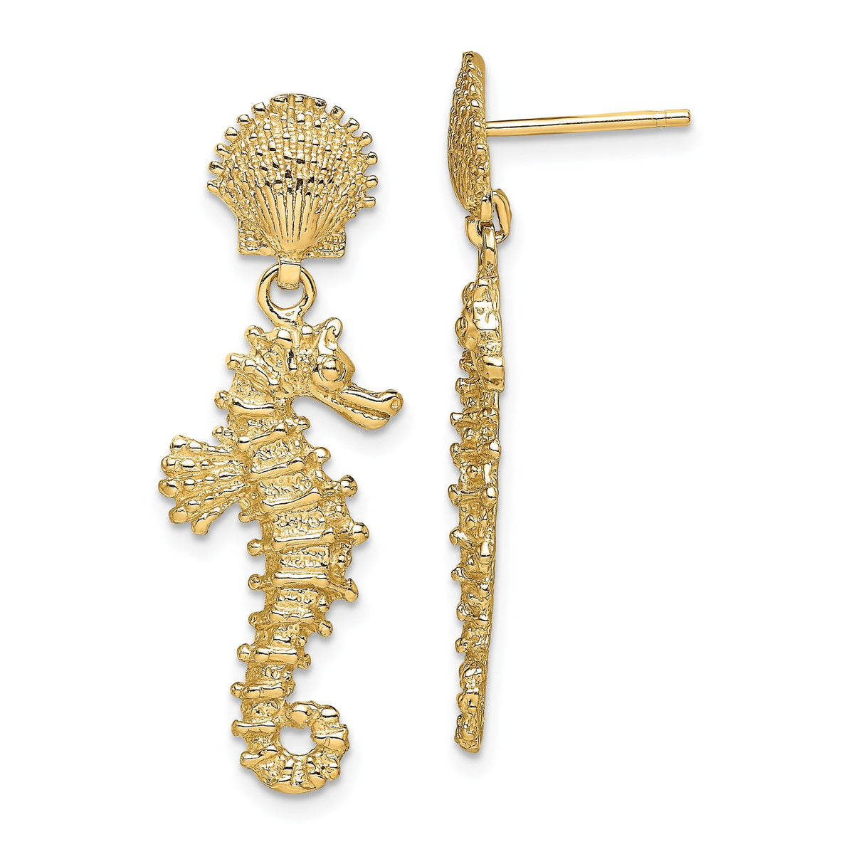 Seahorse Dangling from Shell Dangle Earrings in 14K Yellow Gold - Sophia Jewelers Main image