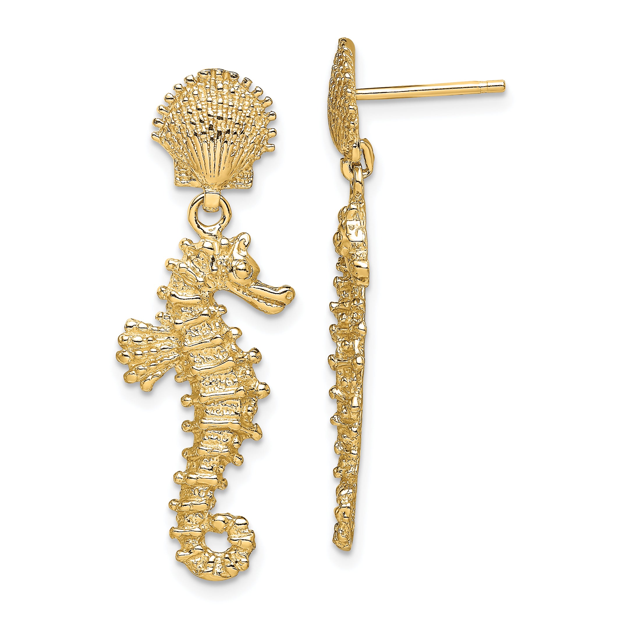 14K Seahorse Dangling From Shell Earrings Main image