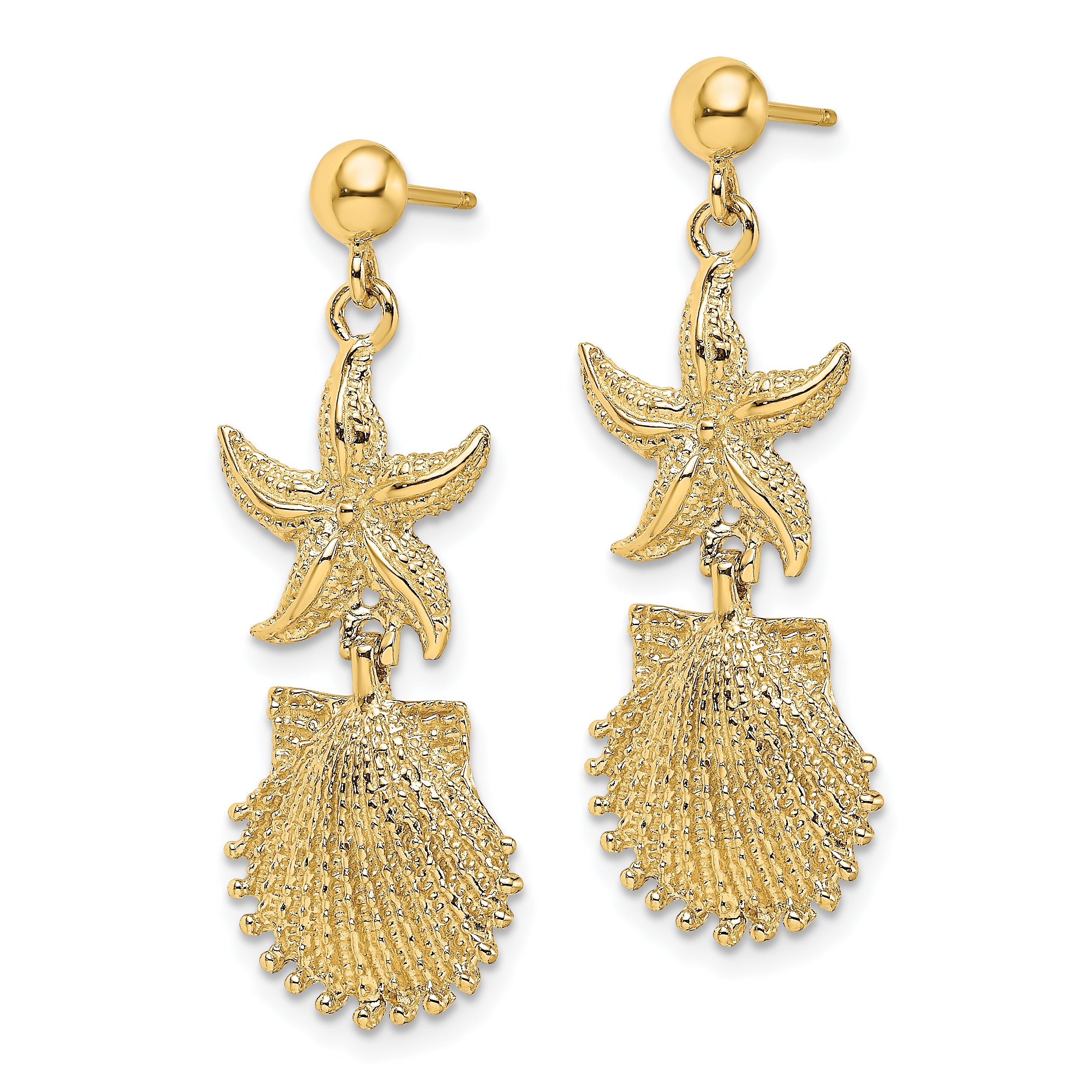 14K Starfish/Scallop Shell Dangle Earrings