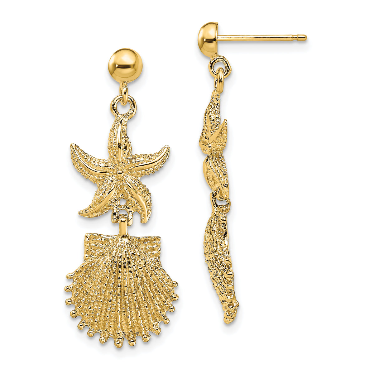 14K Starfish/Scallop Shell Dangle Earrings