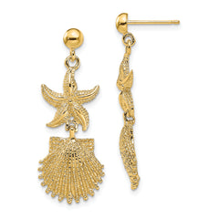 14K Starfish/Scallop Shell Dangle Earrings