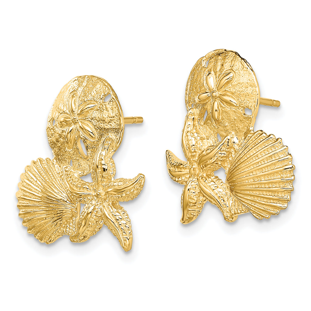14K Sand Dollar, Starfish, ,Scallop Cluster Post Earrings