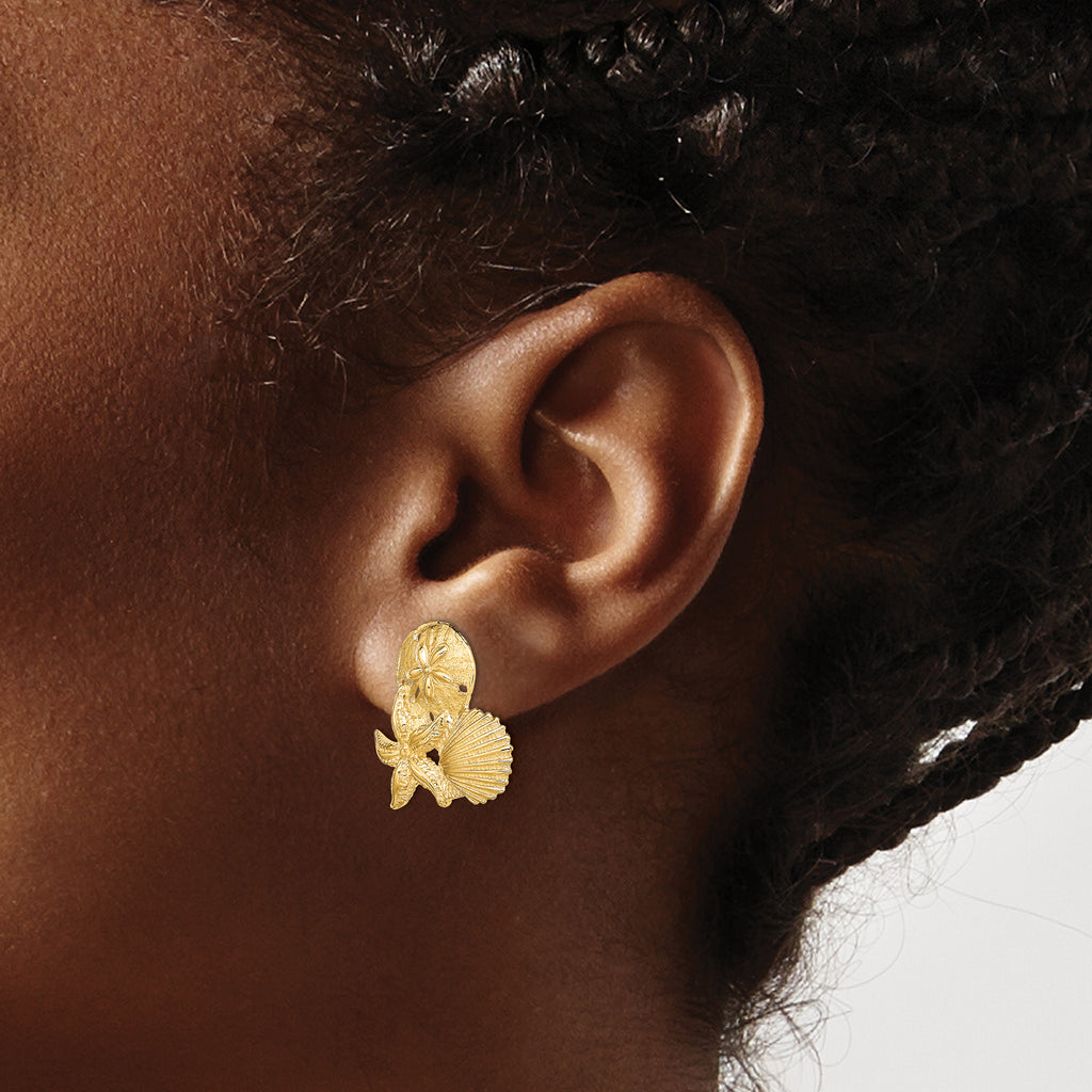 14K Sand Dollar, Starfish, ,Scallop Cluster Post Earrings