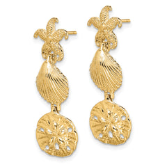 14K Starfish, Shell ,Sand Dollar Dangle Earrings