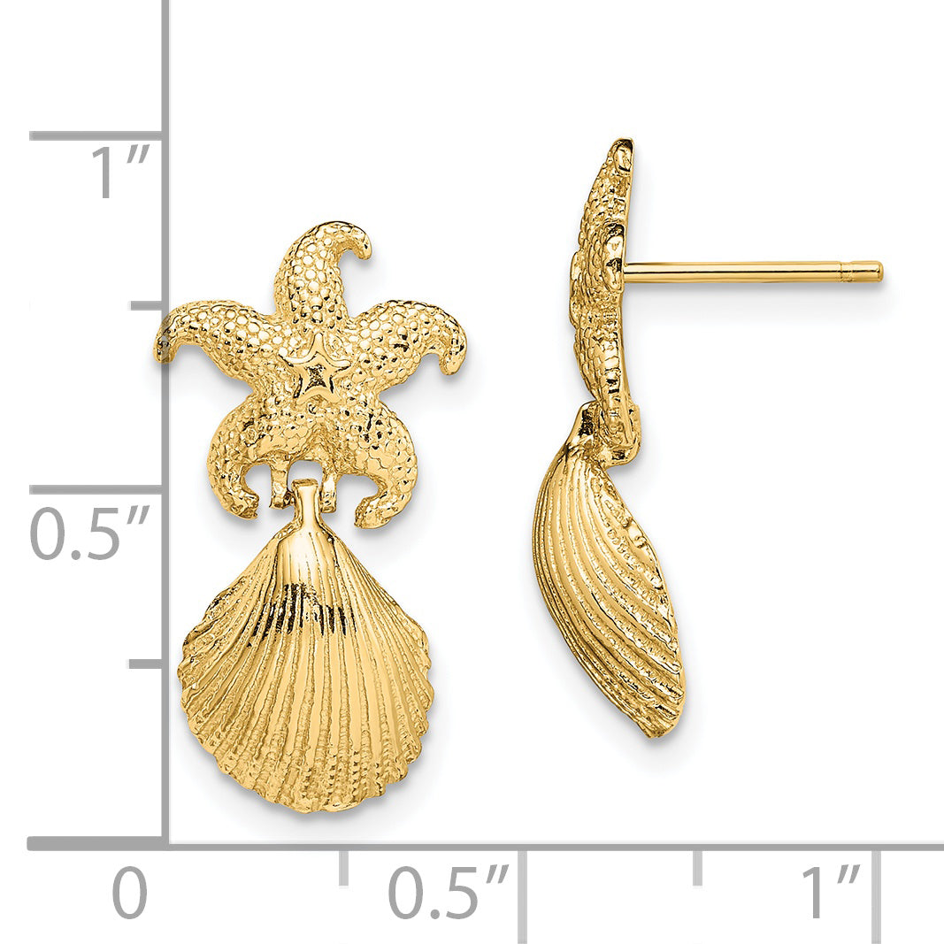 14K Starfish /Scallop Shell Dangle Earrings