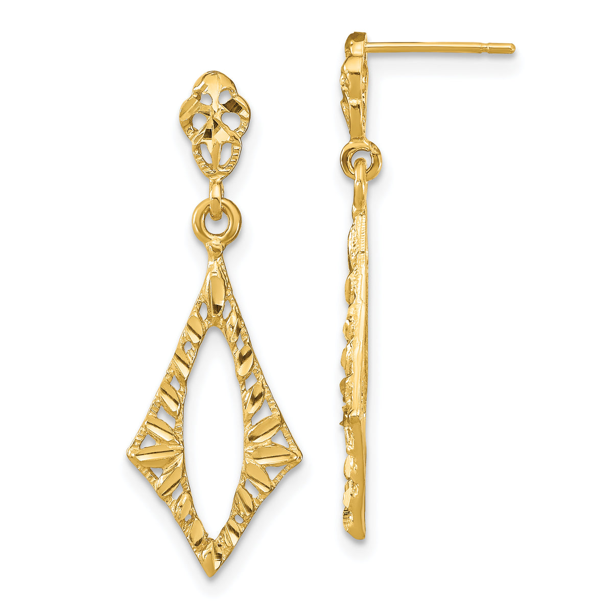 14K D/C Diamond Shape Post Dangle Earrings