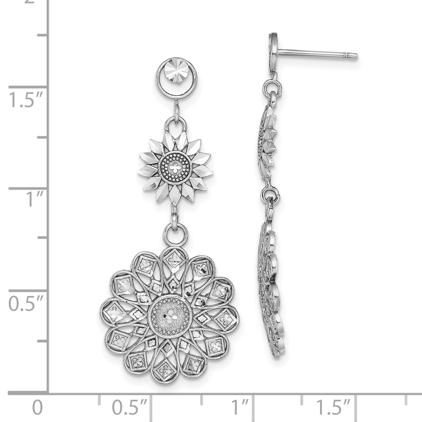 14K White Gold D/C Sunflower Style Double Drop  Earrings