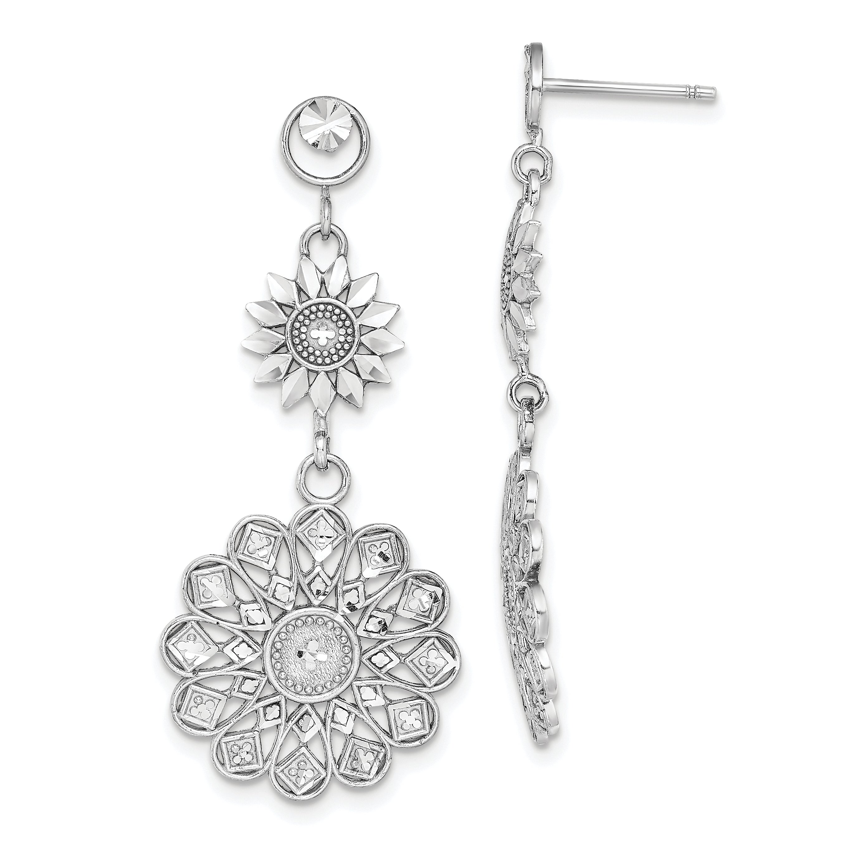 14K White Gold D/C Sunflower Style Double Drop  Earrings Main image