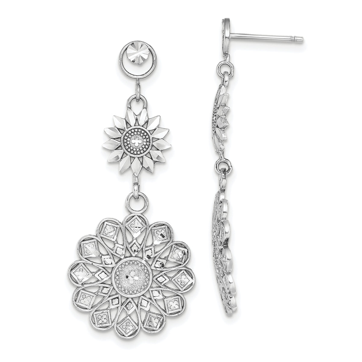 14K White Gold D/C Sunflower Style Double Drop  Earrings