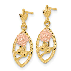 14k Two-tone Textured Flower Post Dangle Earrings