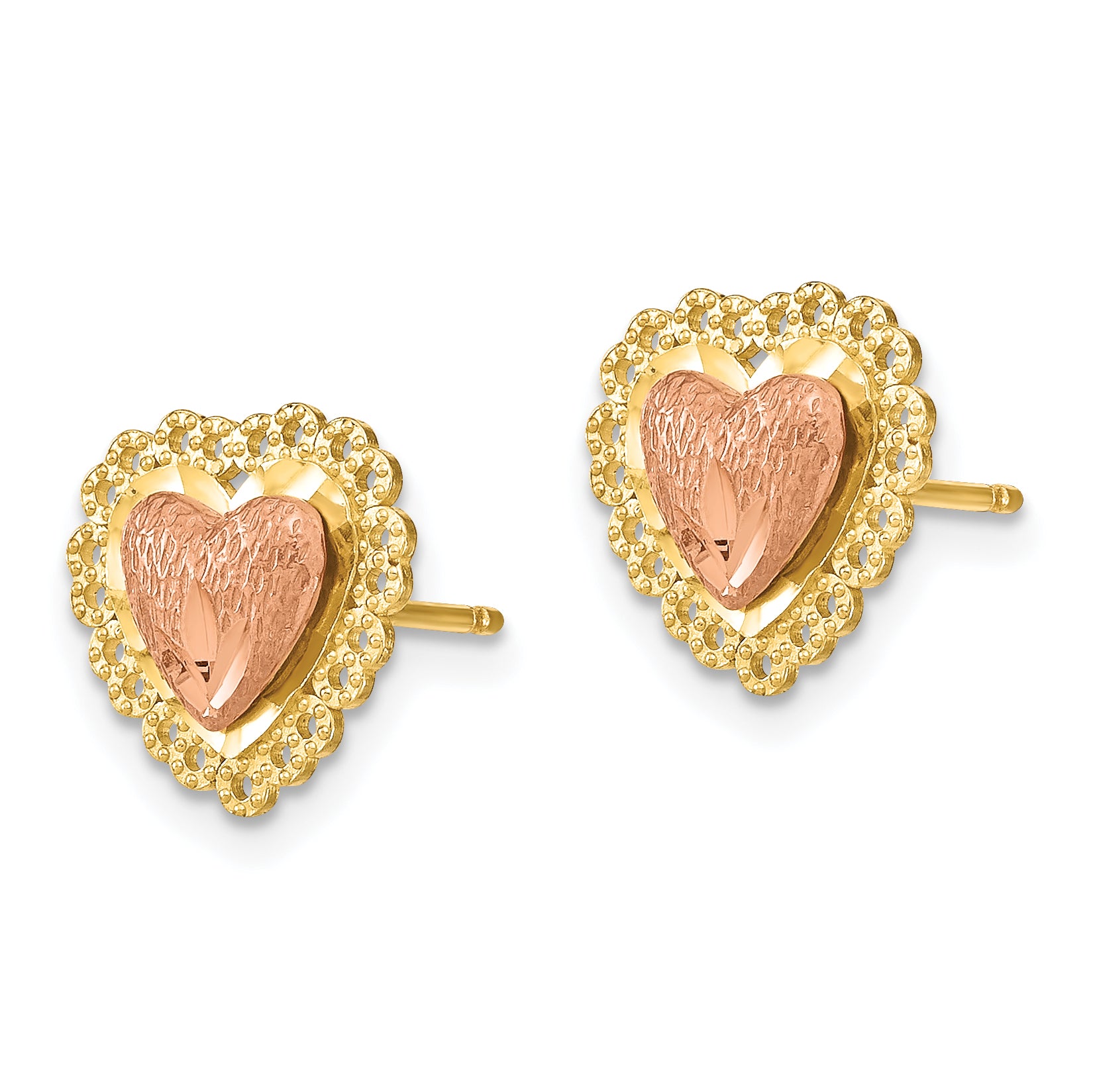 14k Two-Tone D/C Heart w/ Lace Trim Post Earrings Secondary image