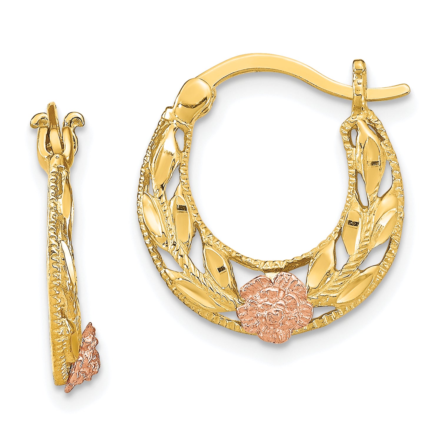 14K Two-Tone D/C Flowers Hoop Earrings Main image