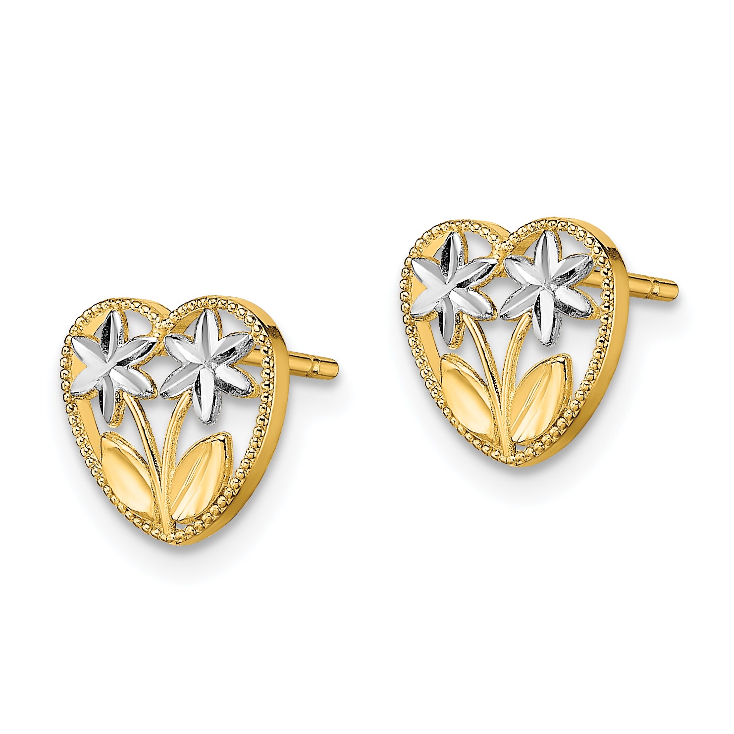 14k w/ Rhodium D/C Flower and Heart Post Earrings Secondary image