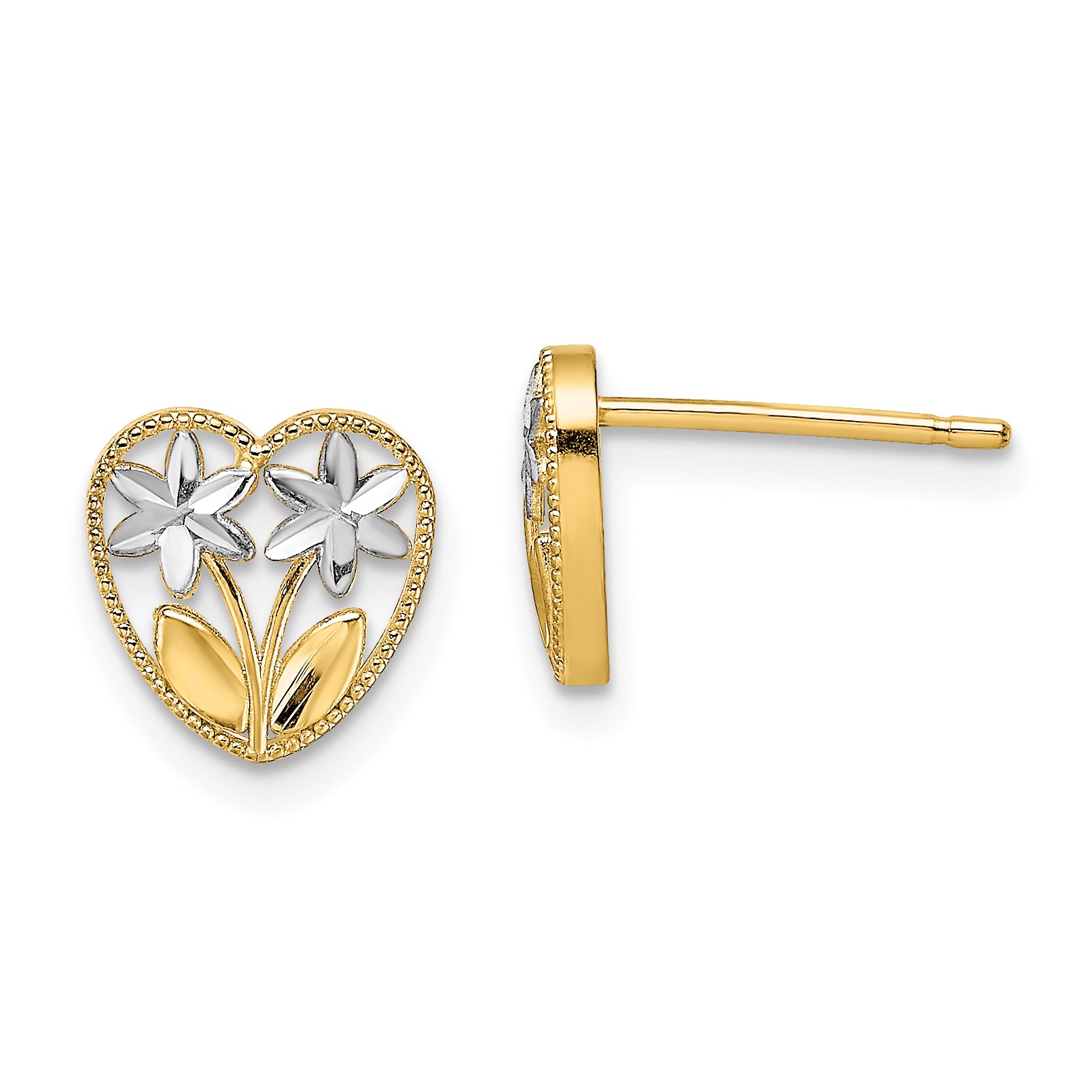 14k w/ Rhodium D/C Flower and Heart Post Earrings Main image