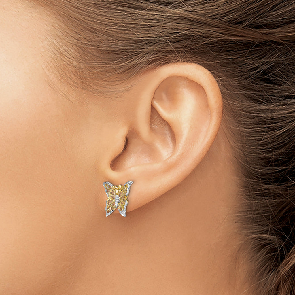 14k w/Rhodium Butterfly Post Earrings