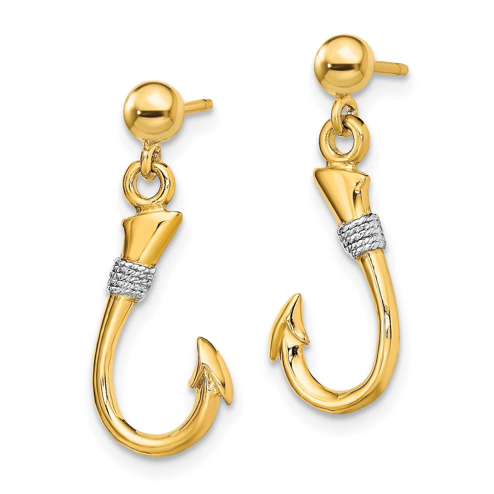 14K w/Rhodium 3-D Fish Hook W/ Rope Dangle Earrings Secondary image