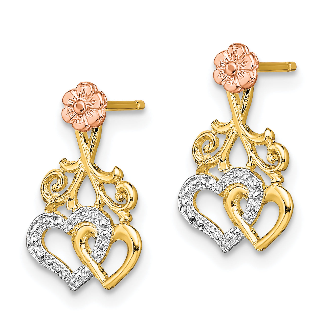 14k Two-tone w/White Rhodium Hearts and Flower Post Earrings Secondary image