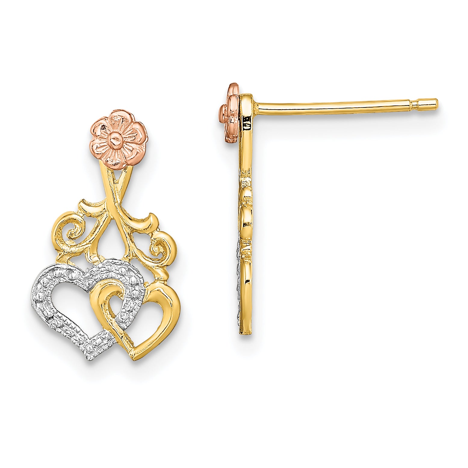 14k Two-tone w/White Rhodium Hearts and Flower Post Earrings Main image