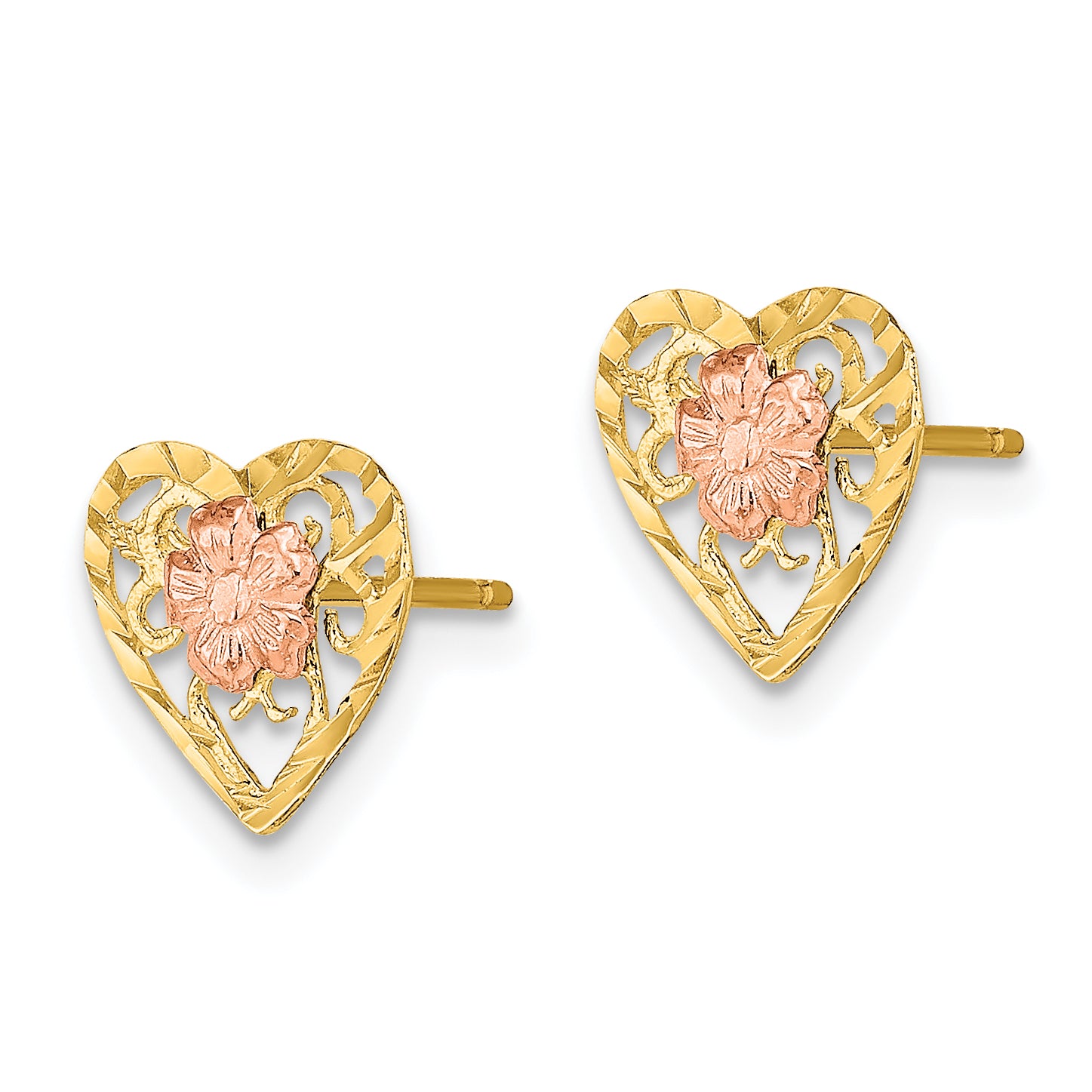 14k Two-Tone D/C Heart and Flower Earrings Secondary image