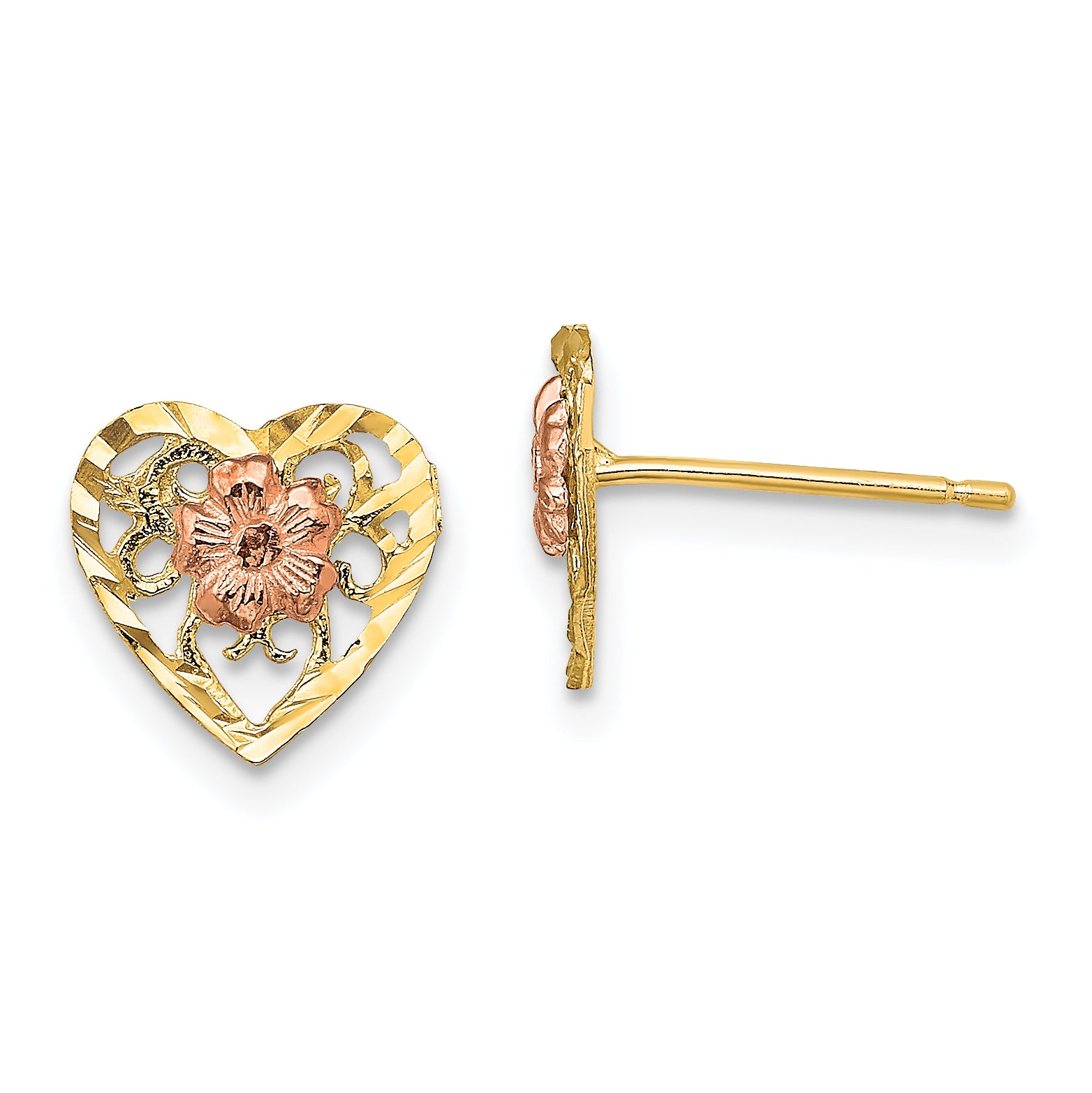14k Two-Tone D/C Heart and Flower Earrings Main image