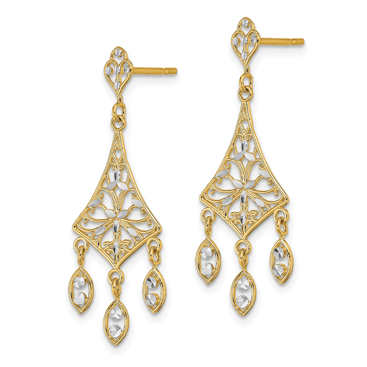 14K and White Rhodium Filigree Diamond-cut Chandelier Dangle Post Earrings