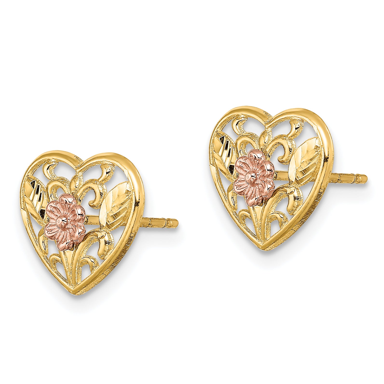 14K Two-tone Polished Floral in Heart Post Earrings Secondary image
