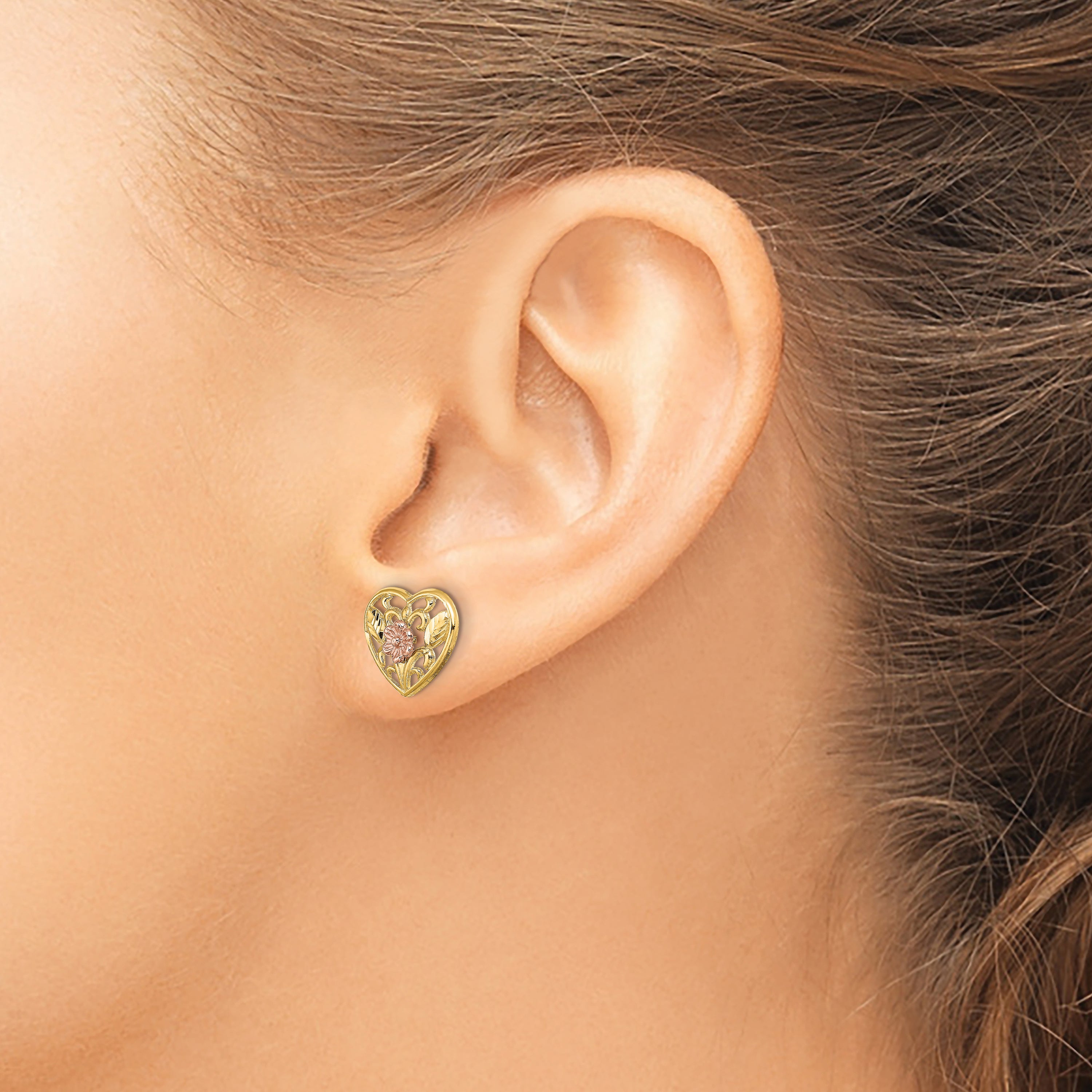 14K Two-tone Polished Floral in Heart Post Earrings