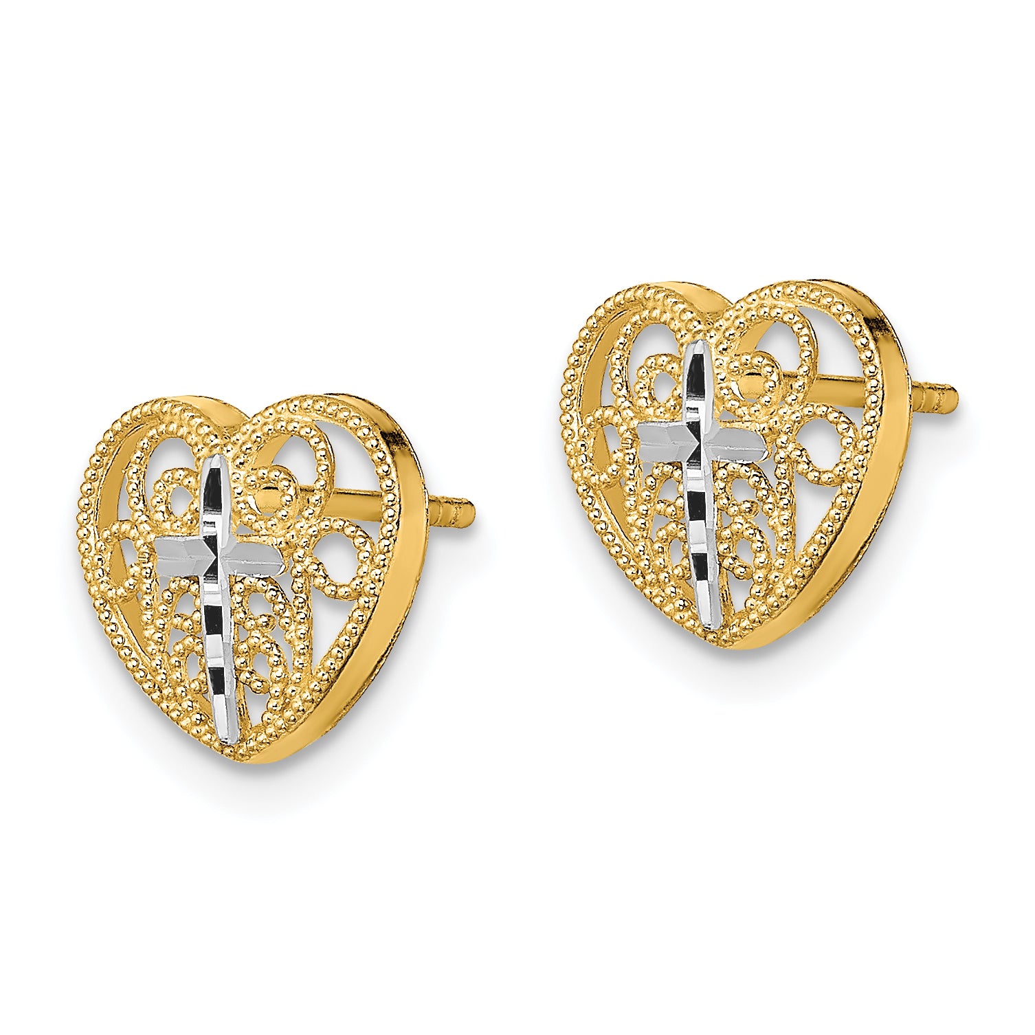 14K w/Rhodium Filigree Cross Center Heart Post Earrings Secondary image