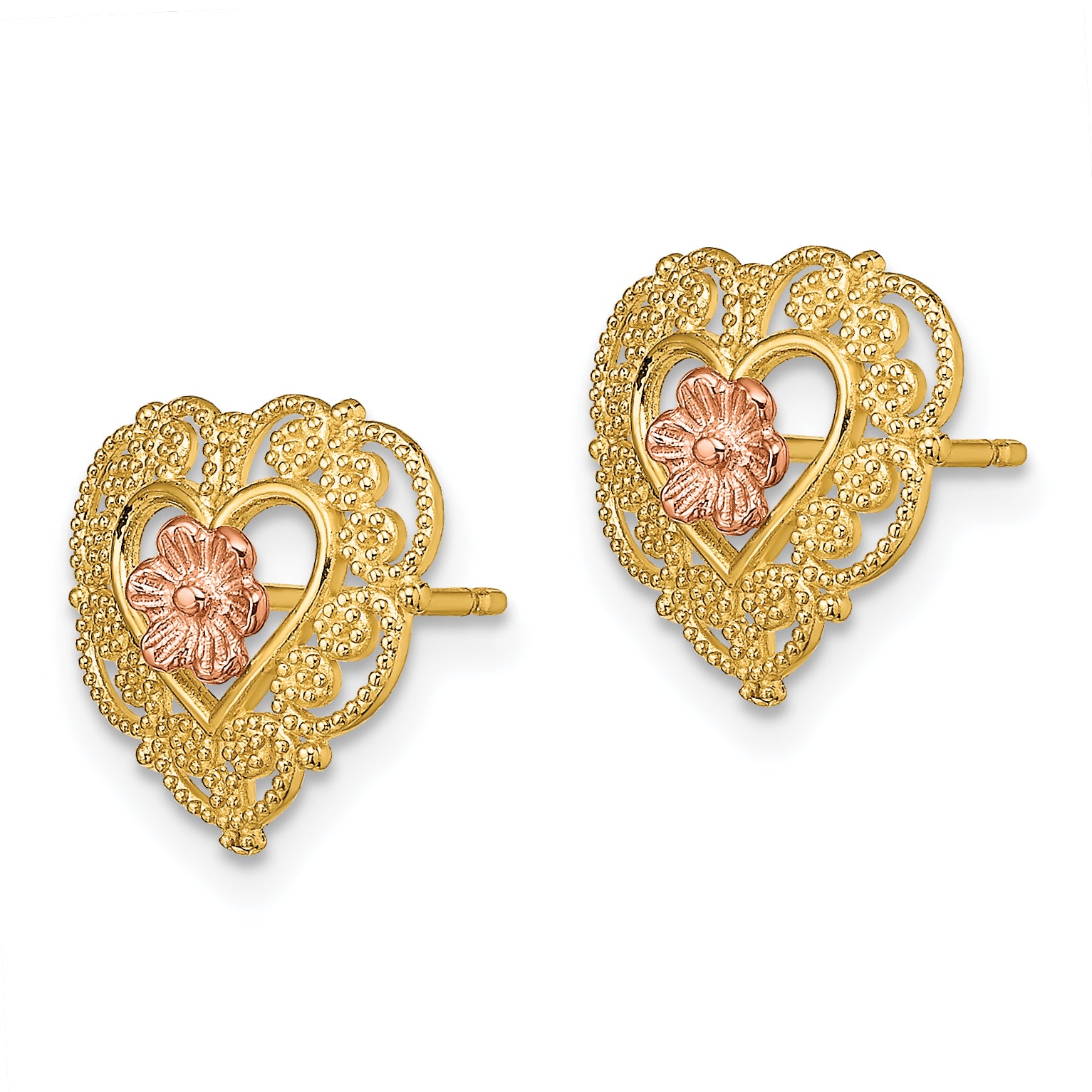 14k Two-Tone w/ Lace Trim and Flower Heart Post Earrings Secondary image