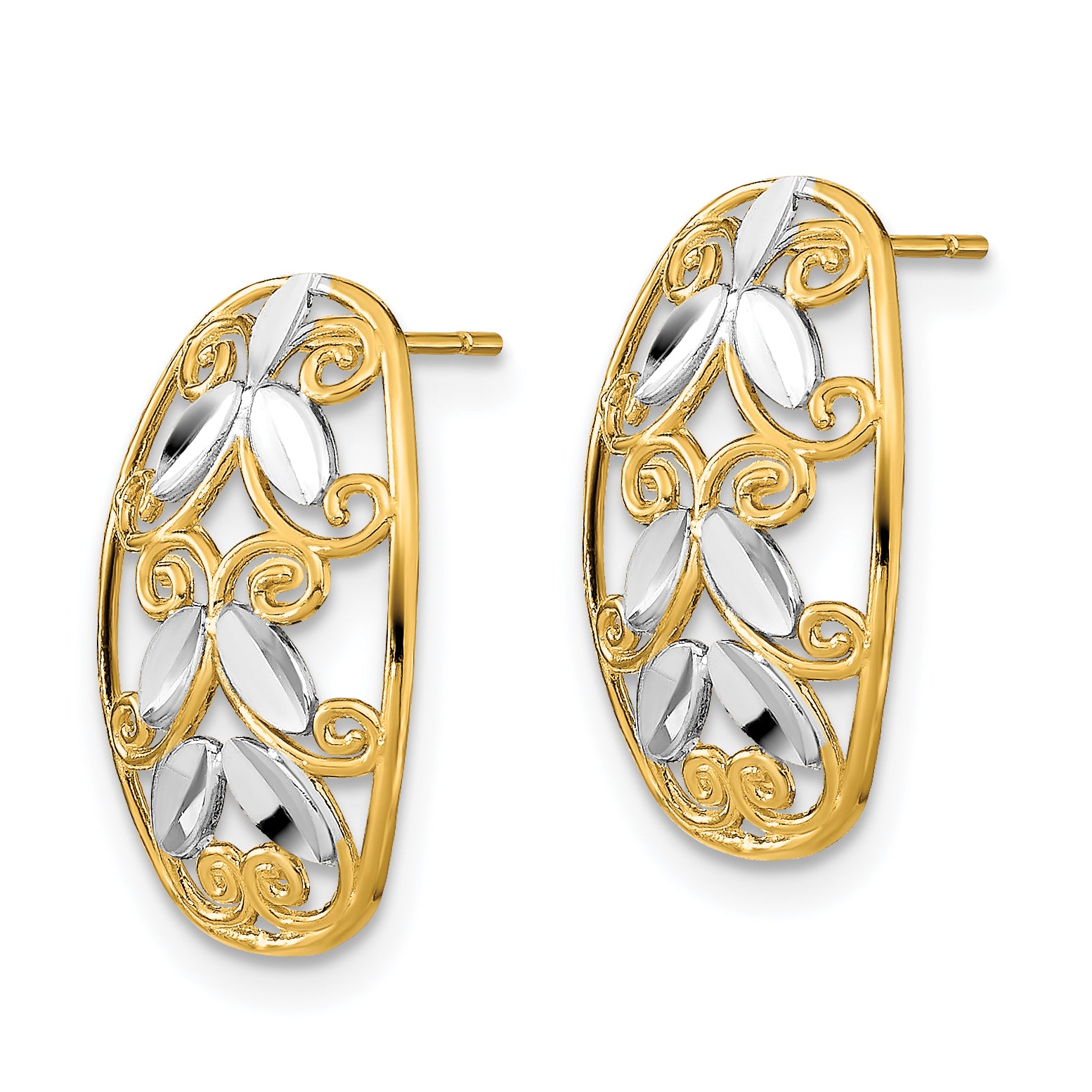 14K w/Rhodium Oval D/C Filigree Post Dangle Earrings