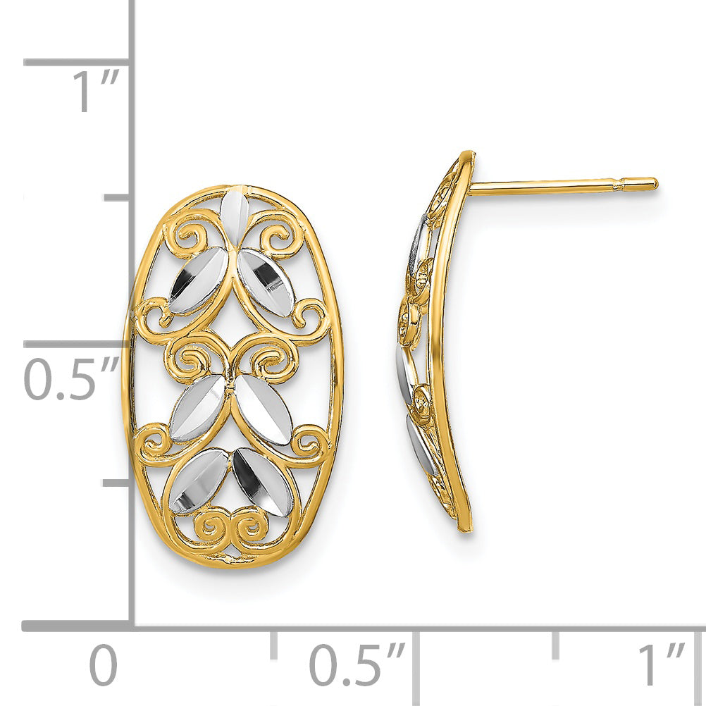 14K w/Rhodium Oval D/C Filigree Post Dangle Earrings