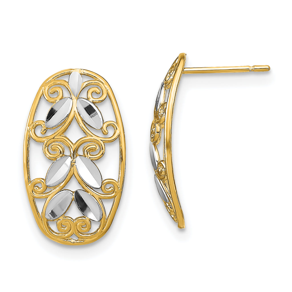 14K w/Rhodium Oval D/C Filigree Post Dangle Earrings