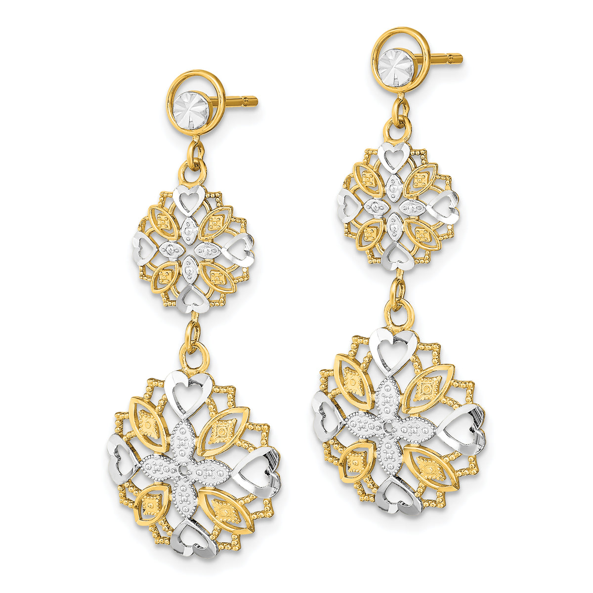 14k and White Rhodium Diamond-cut Flower and Heart Dangle Post Earrings