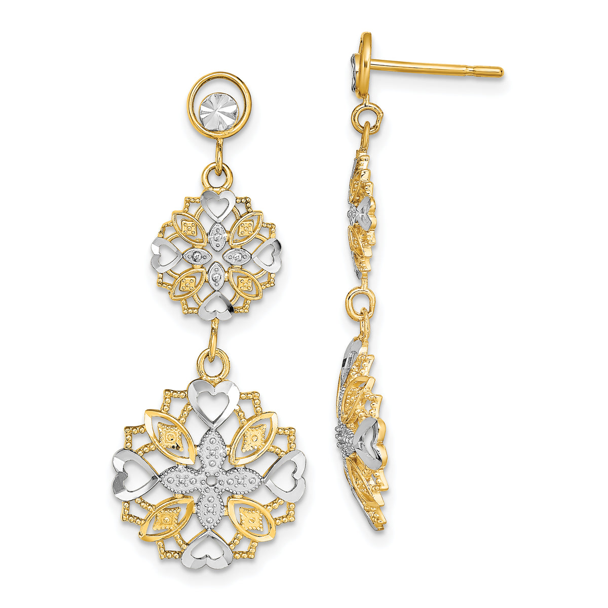 14k w/ Rhodium D/C Flower & Heart Dangle Earrings