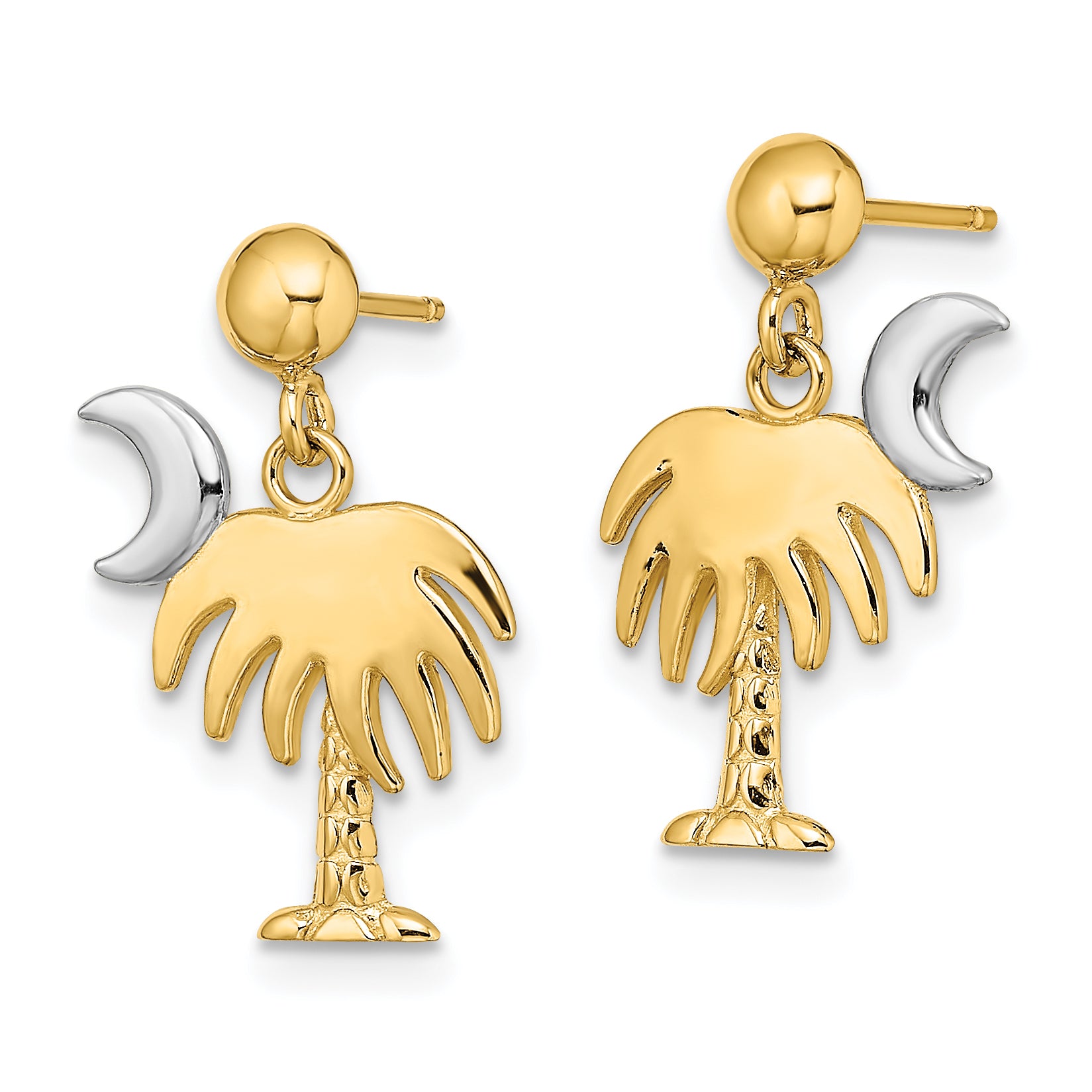 14K W/ Rhodium Charleston Palm Tree w/ Moon Dangle Earrings Secondary image