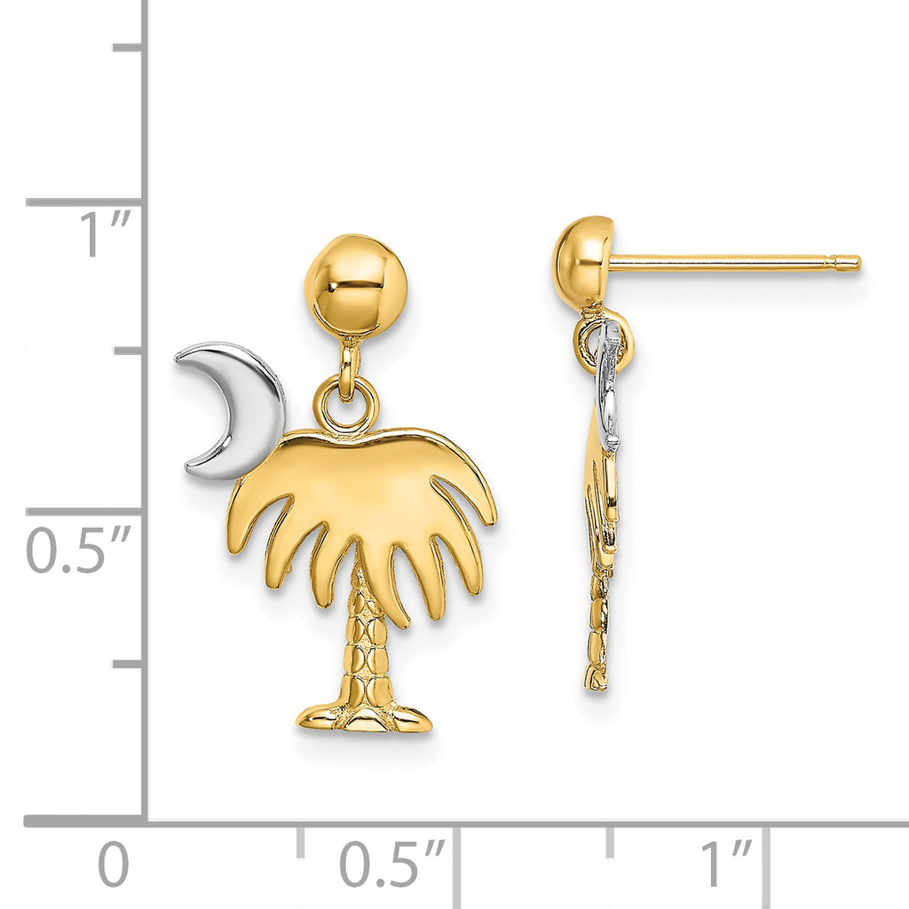 14K W/ Rhodium Charleston Palm Tree w/ Moon Dangle Earrings