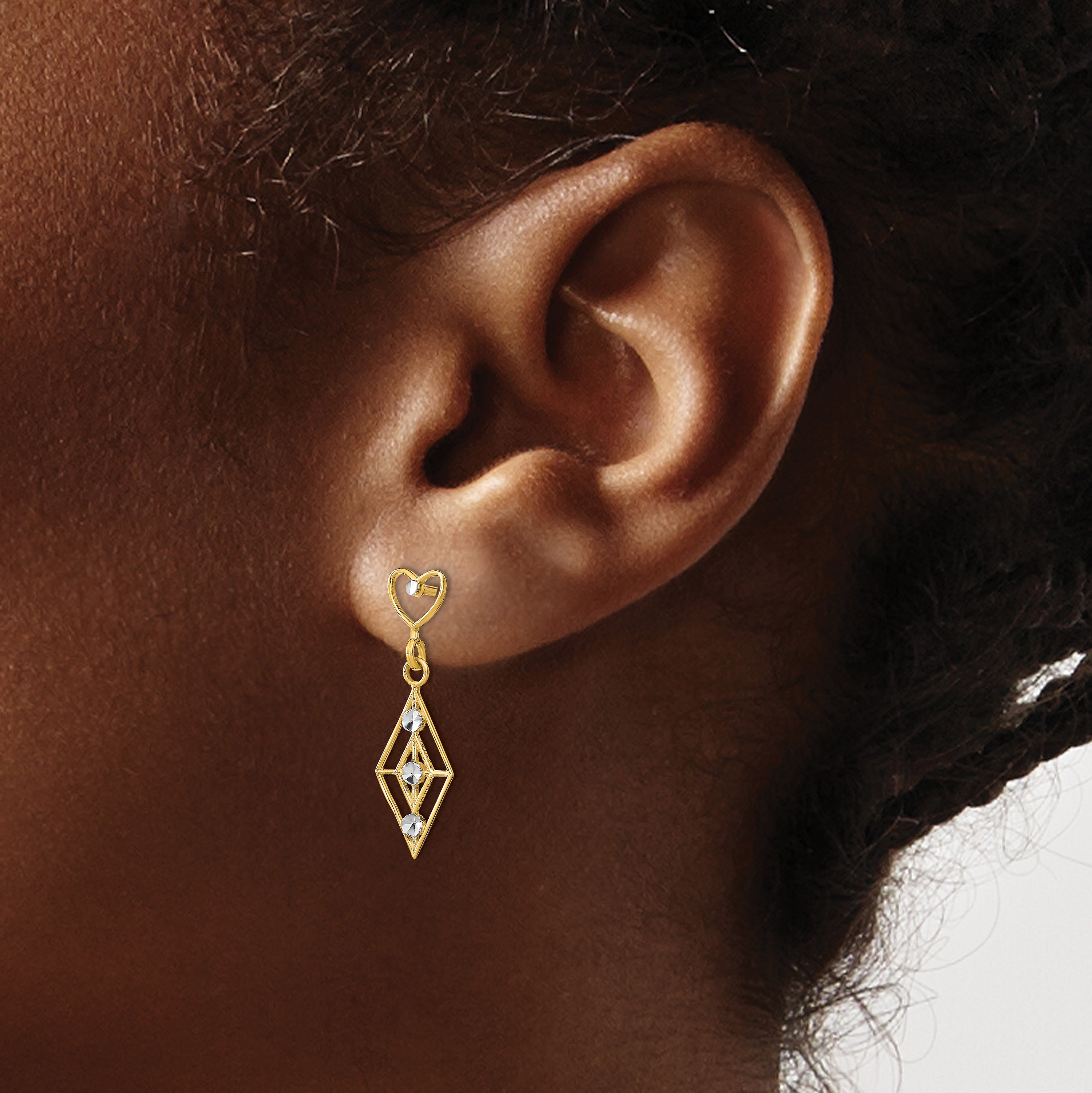 14k w/RH Dia.-cut Diamond Shape Heart Dangle Earrings
