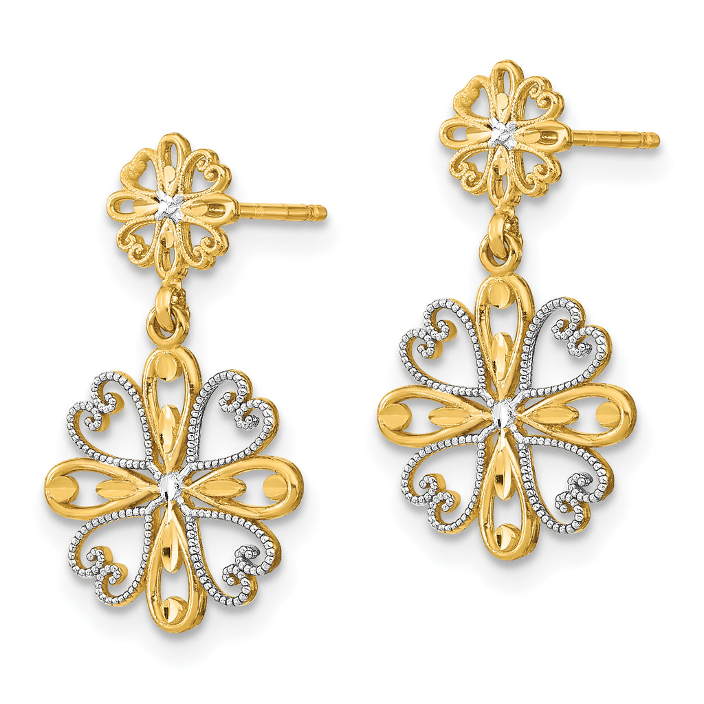 14K w/Rhodium Beaded Heart Petal Floral Dangle Earrings