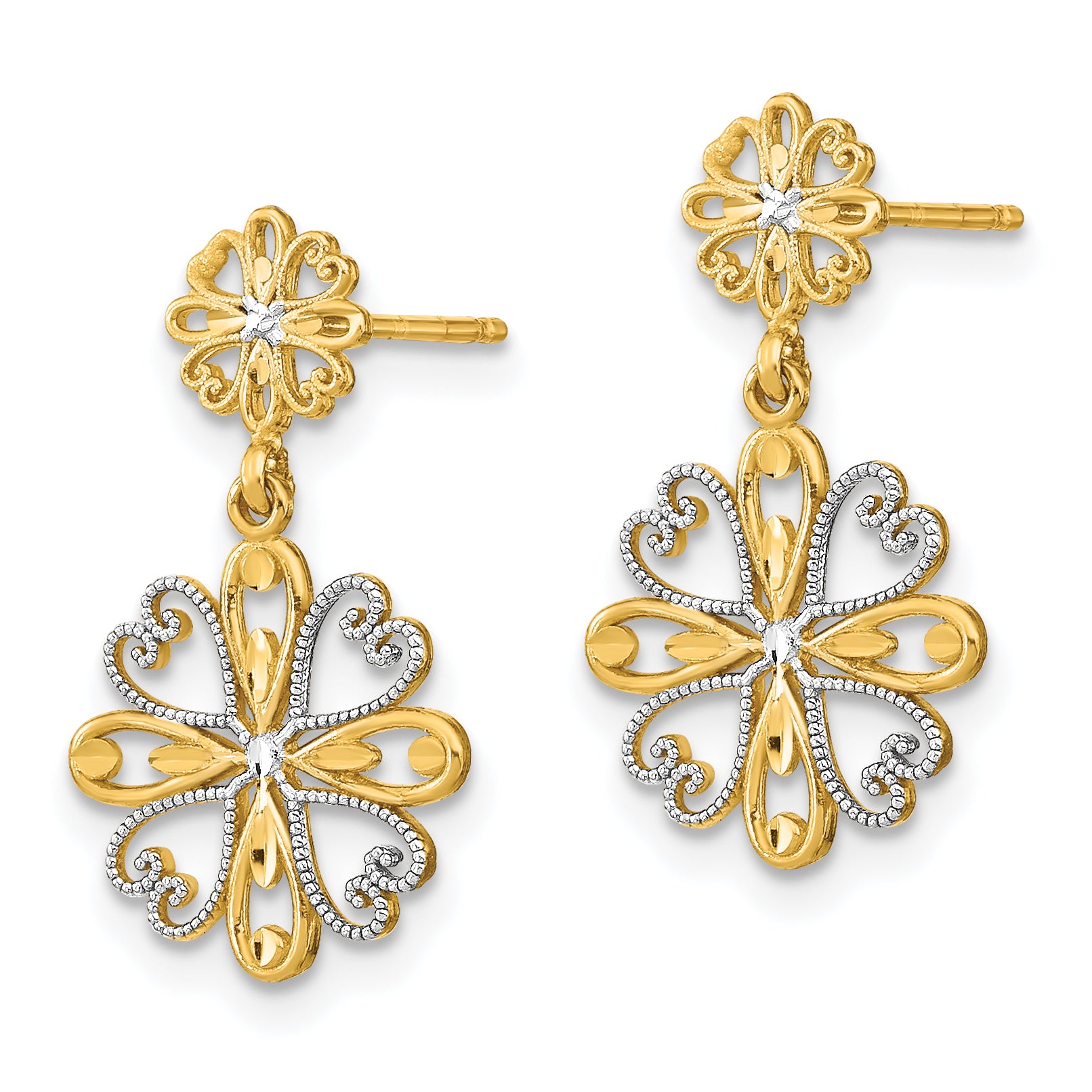 14K w/Rhodium Beaded Heart Petal Floral Dangle Earrings