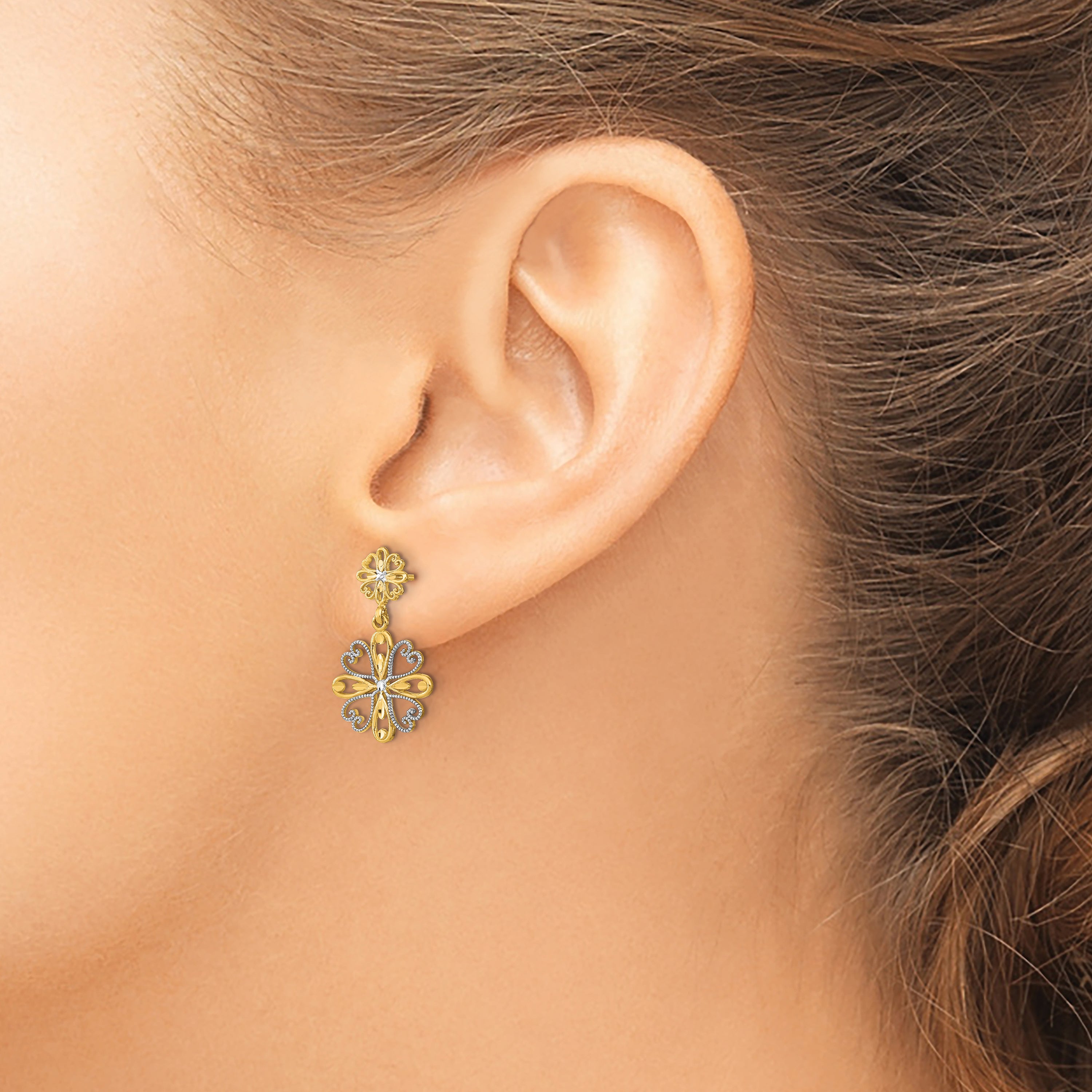 14K w/Rhodium Beaded Heart Petal Floral Dangle Earrings