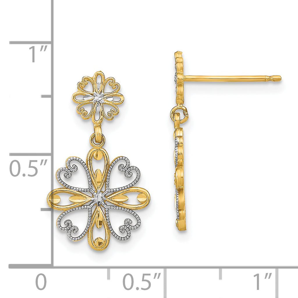 14K w/Rhodium Beaded Heart Petal Floral Dangle Earrings