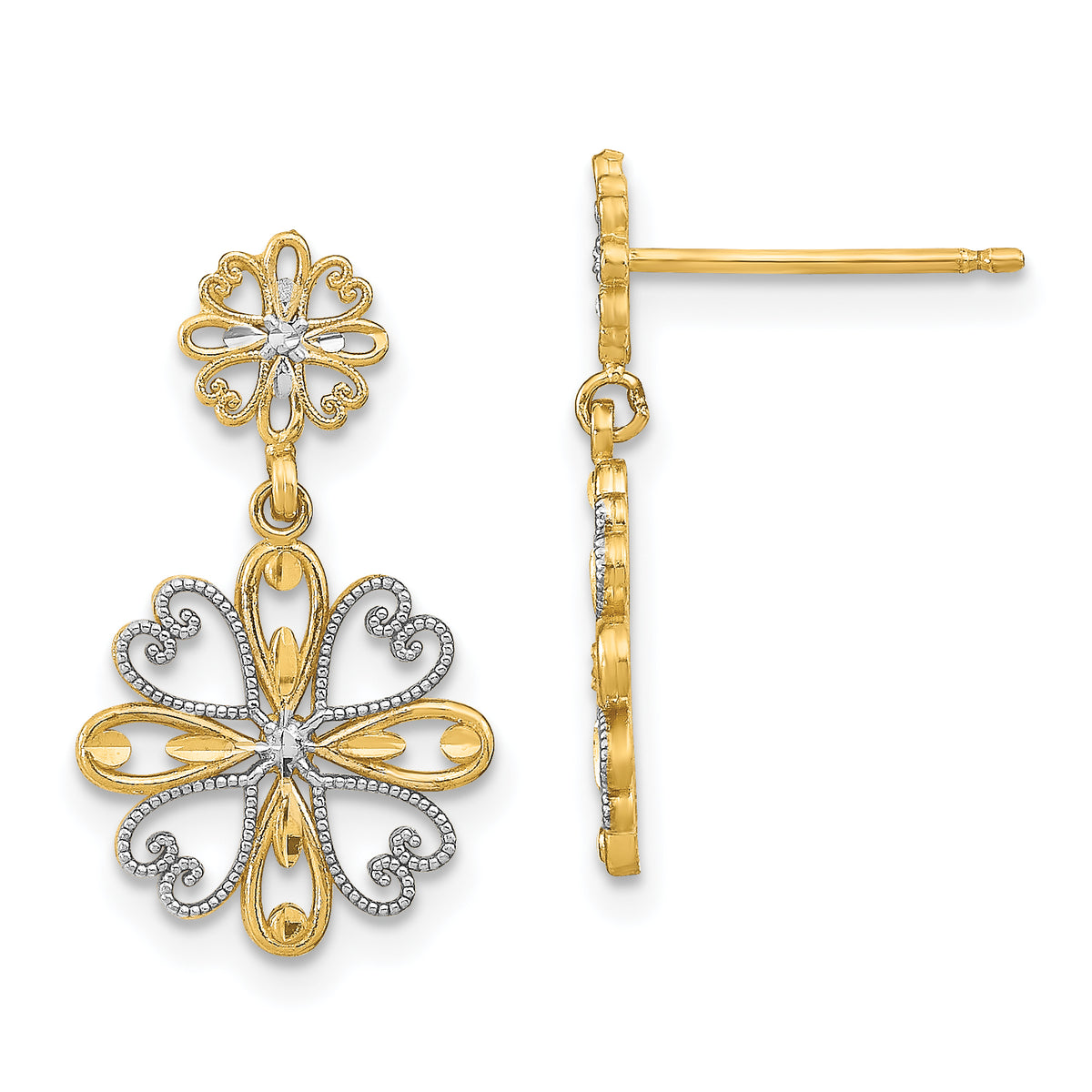 14K w/Rhodium Beaded Heart Petal Floral Dangle Earrings