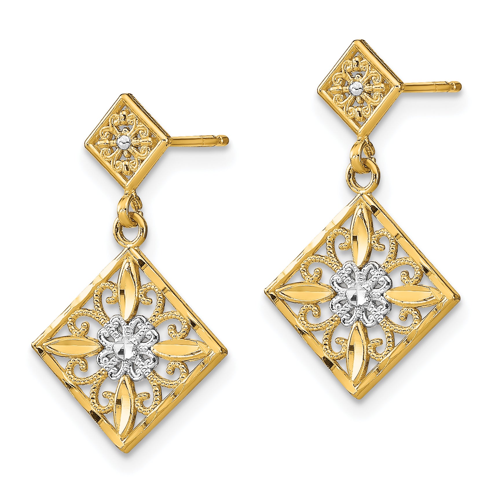14K w/Rhodium D/C Square Filigree Dangle Earrings Secondary image